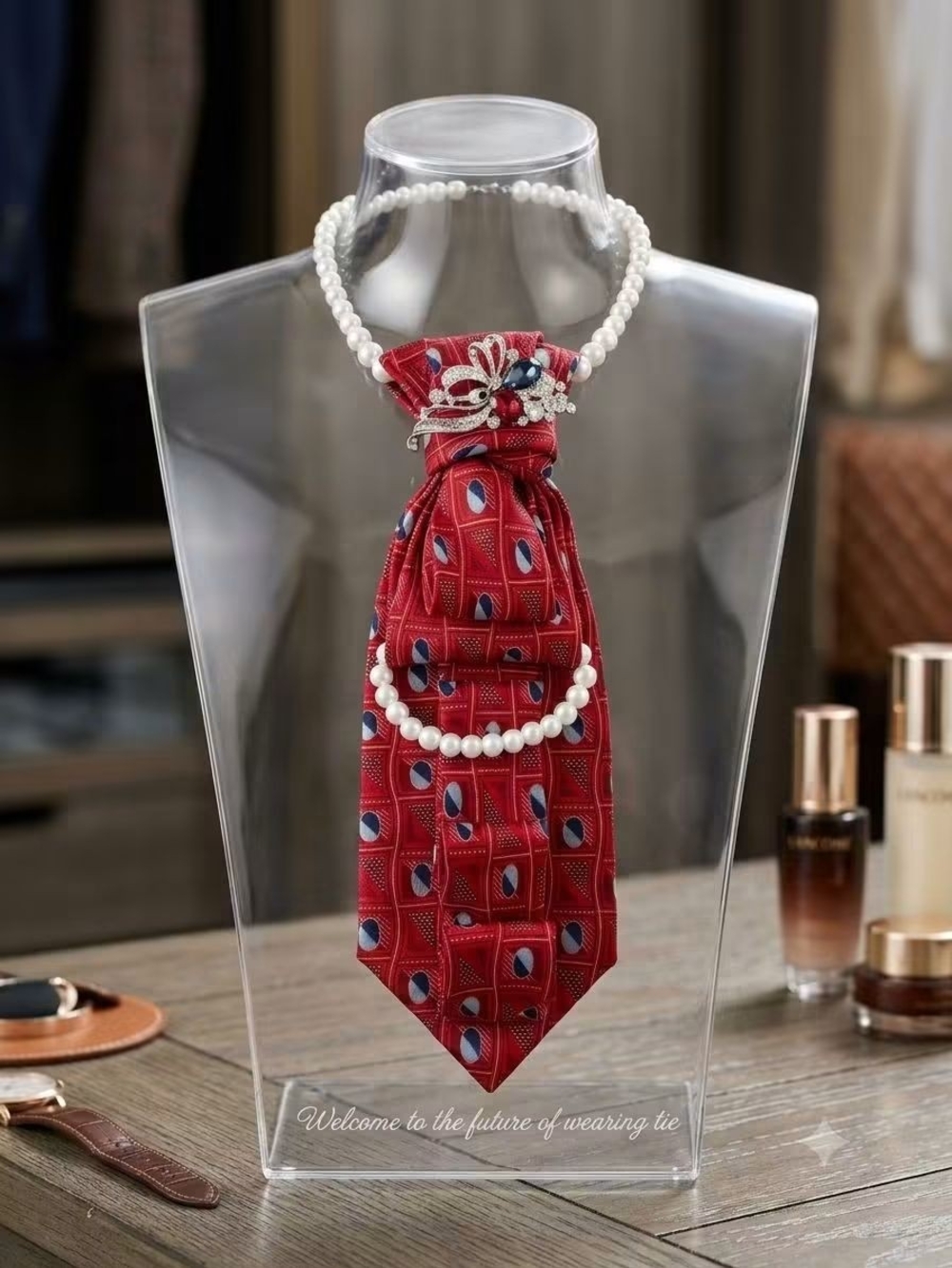 Pearl-Accented Red Patterned Necktie Necklace